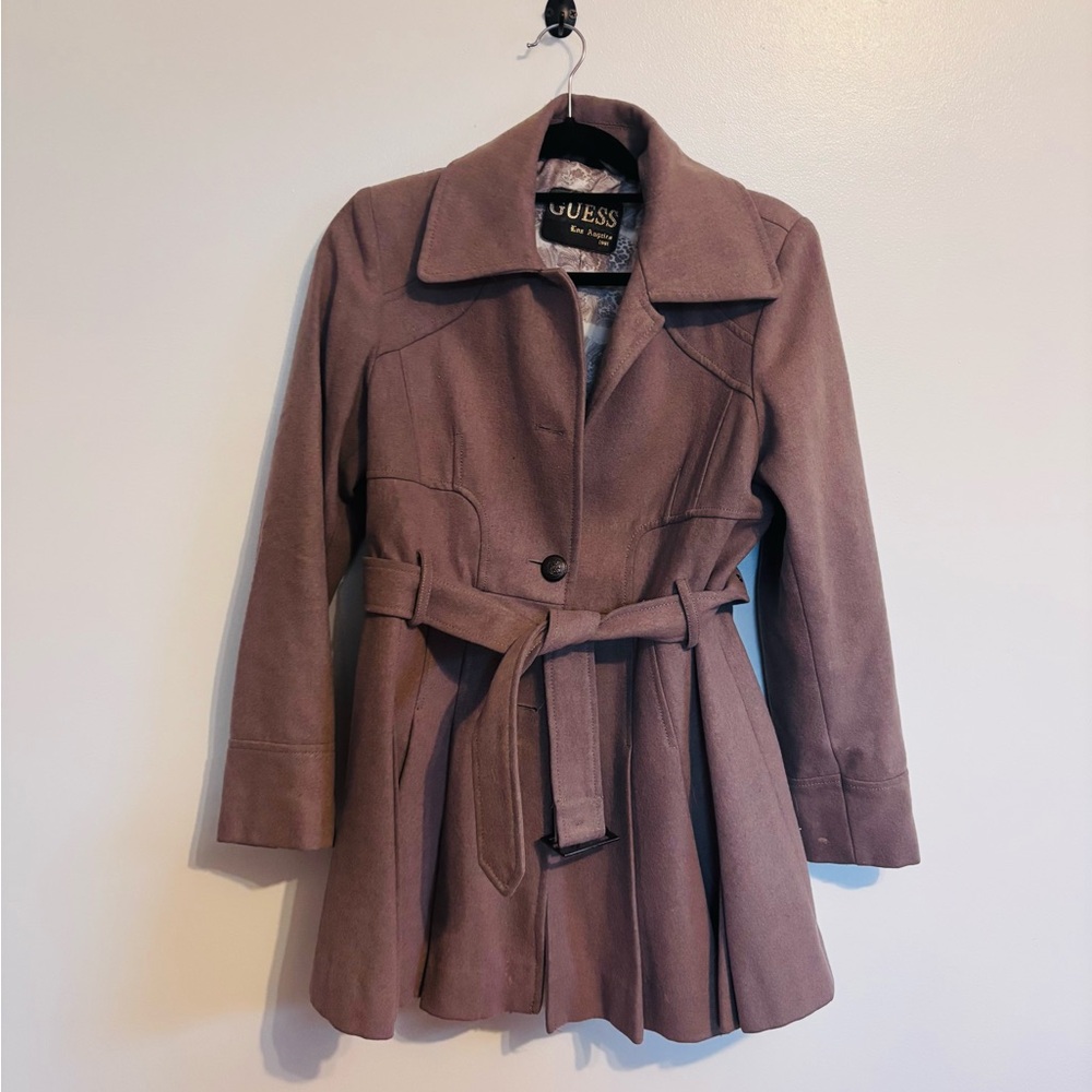 Guess brown wool winter trench coat with button front and matching belt. Missing